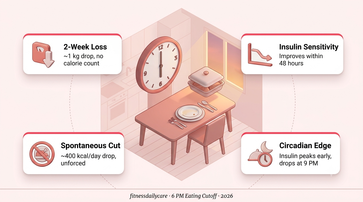 Clock showing 6 PM with a dinner plate set aside representing 6 PM eating cutoff and early time restricted eating