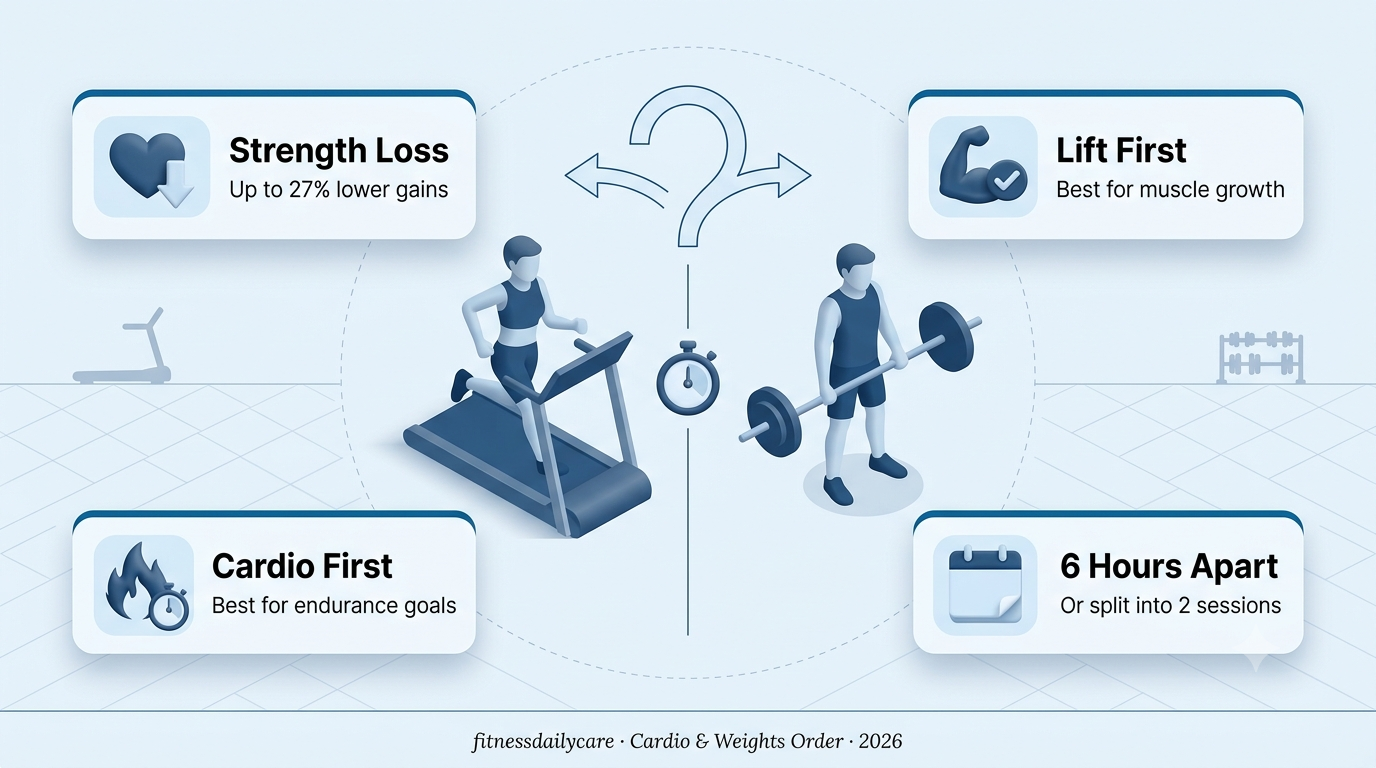 Cardio Before or After Weights isometric infographic showing treadmill vs barbell training order comparison