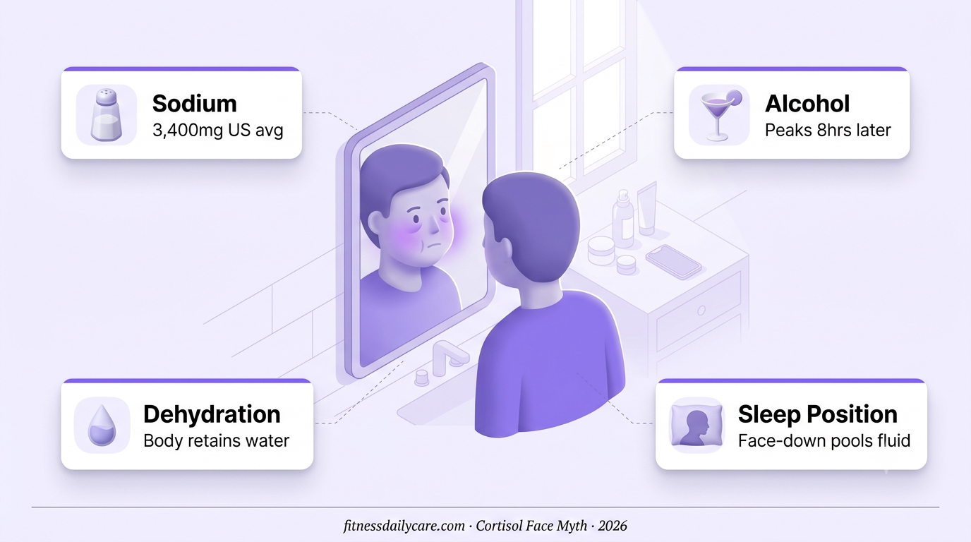 Cortisol face myth illustration — person examining puffy morning face in bathroom mirror with four causal factors