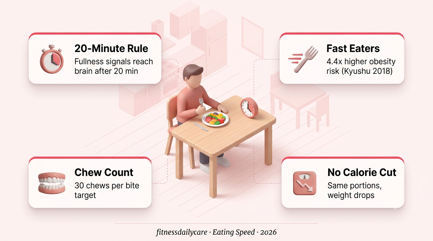 Slow eating scene with fork, plate, and 20-minute timer showing eating speed weight loss concept