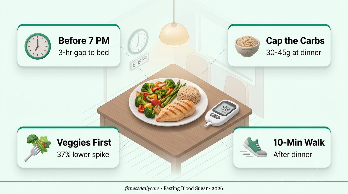 A Korean-style early dinner plate with vegetables, grilled protein, and a small rice portion next to a glucometer displaying a normal fasting reading
