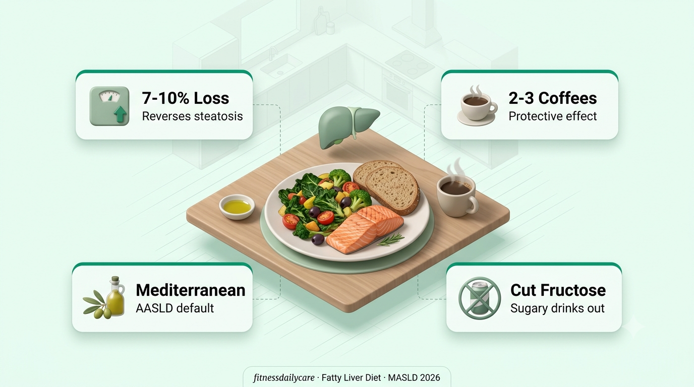 A Mediterranean-style plate with olive oil, leafy greens, salmon, whole grains, and a cup of black coffee — the MASLD-reversal food pattern