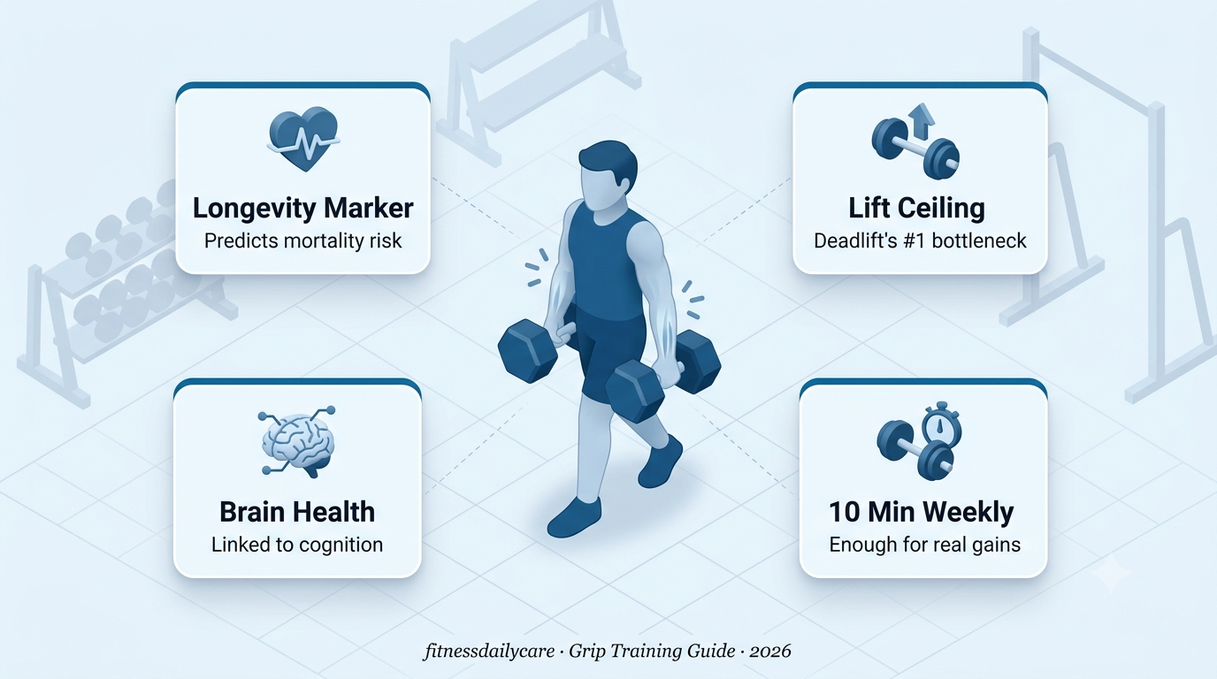 Grip Training isometric infographic showing farmer's walk with longevity brain health and deadlift ceiling benefits
