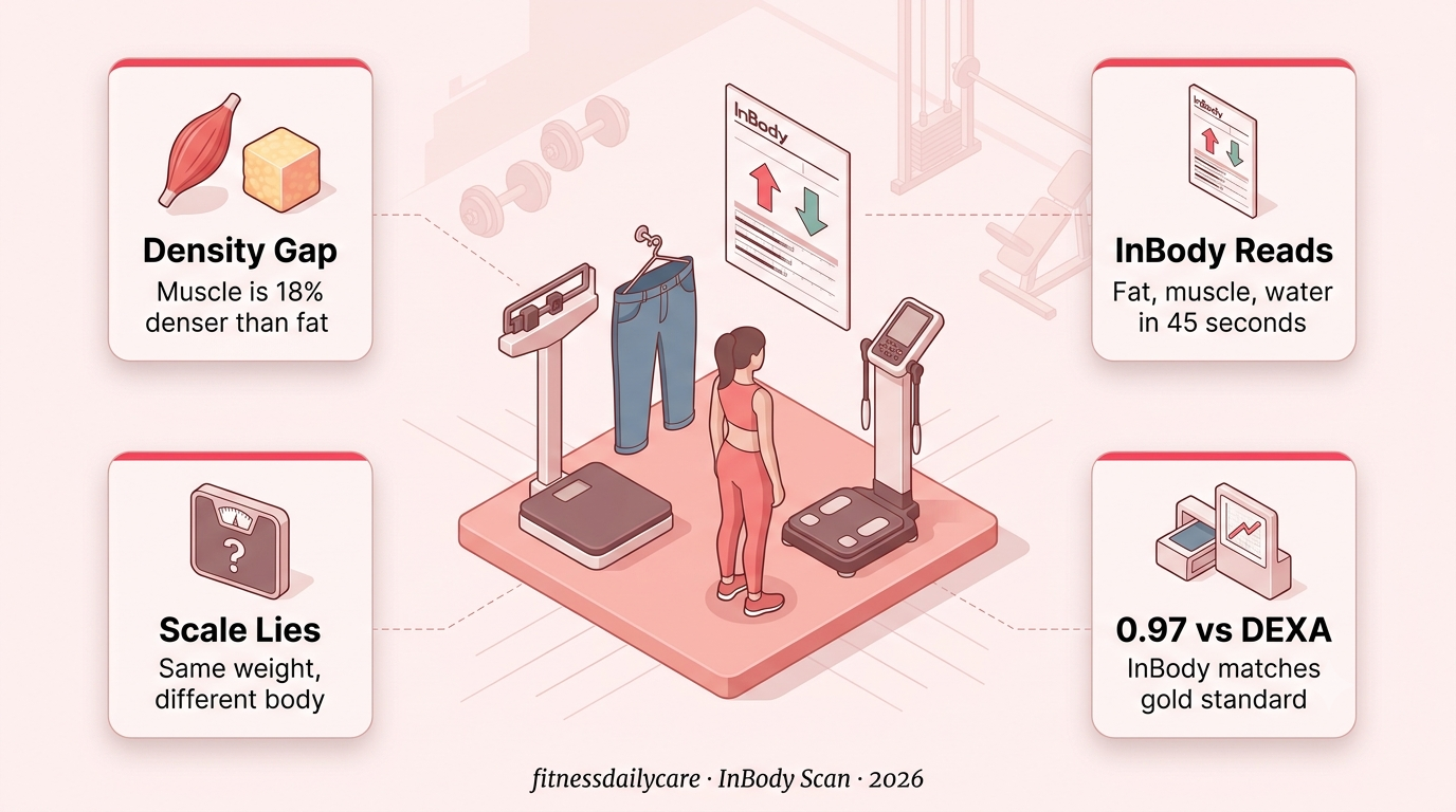 Bathroom scale next to loose jeans and InBody scan report showing muscle up fat down body composition change