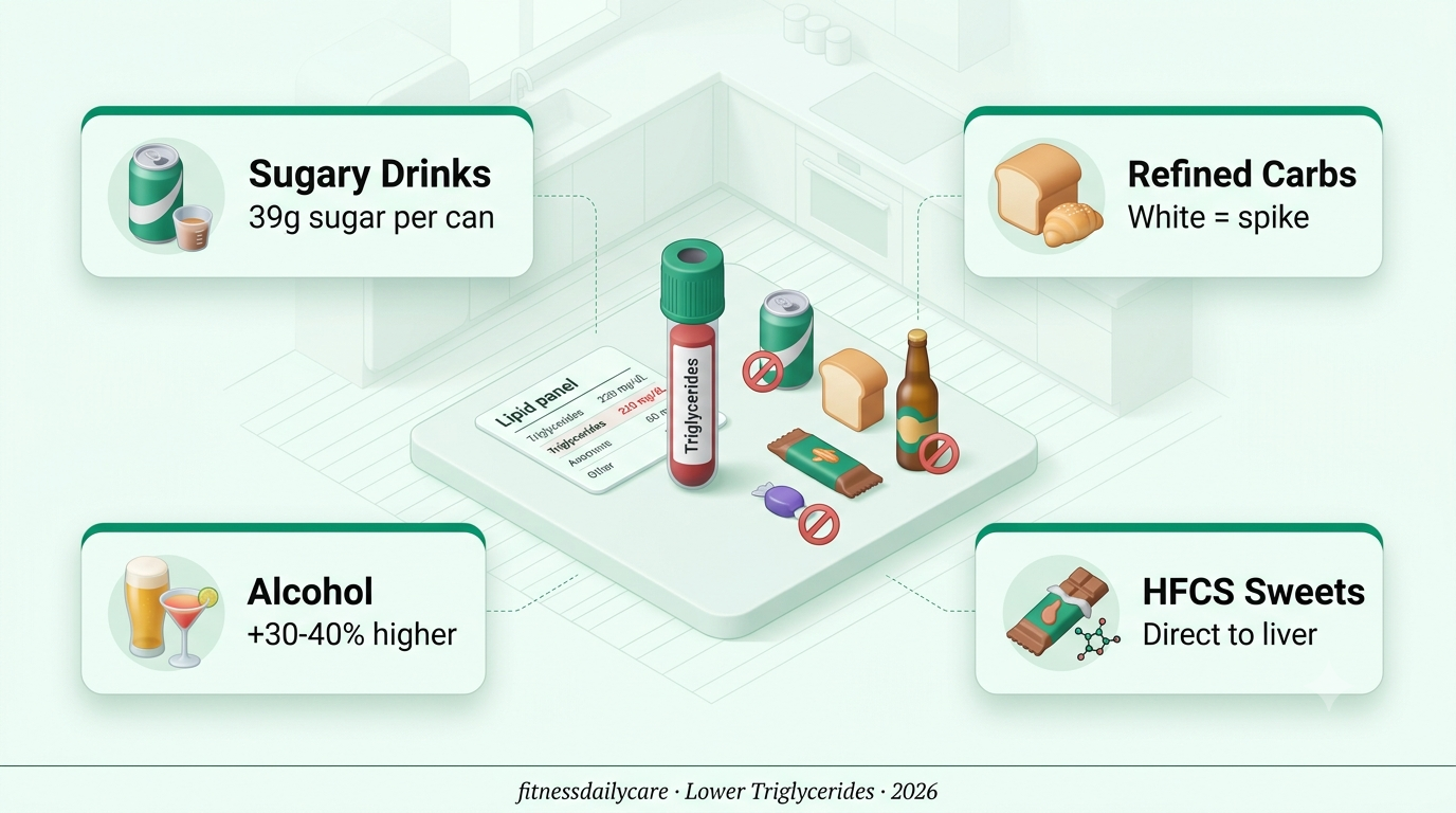 A dinner plate with a red X over soda, white bread, beer, and candy — the four sugar and refined carb culprits behind high triglycerides