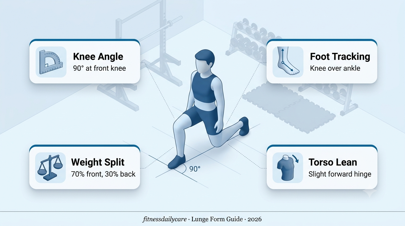 Lunge Form 5 knee checkpoints isometric infographic showing 90-degree angle and alignment rules