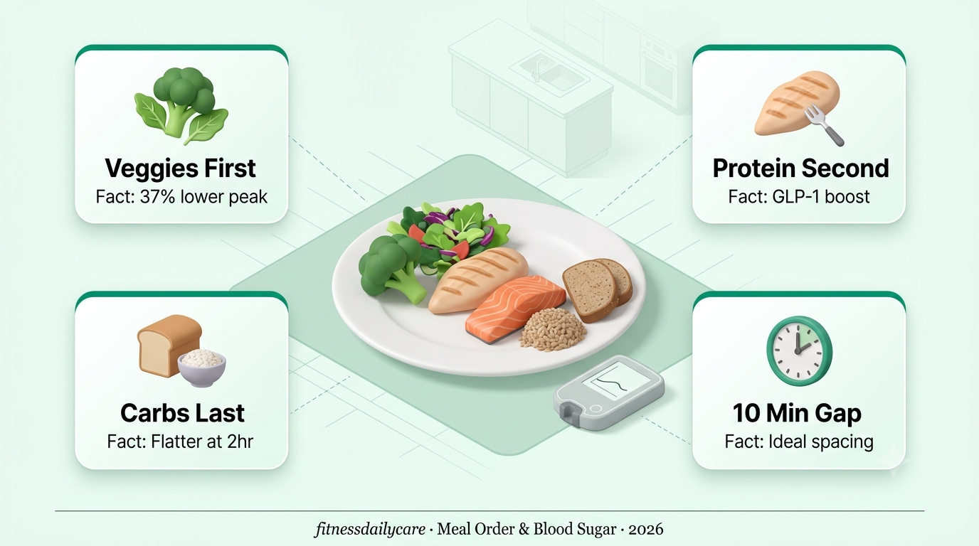 A white plate with vegetables, grilled protein, and a small carb portion arranged in sequence next to a continuous glucose monitor showing a flat curve