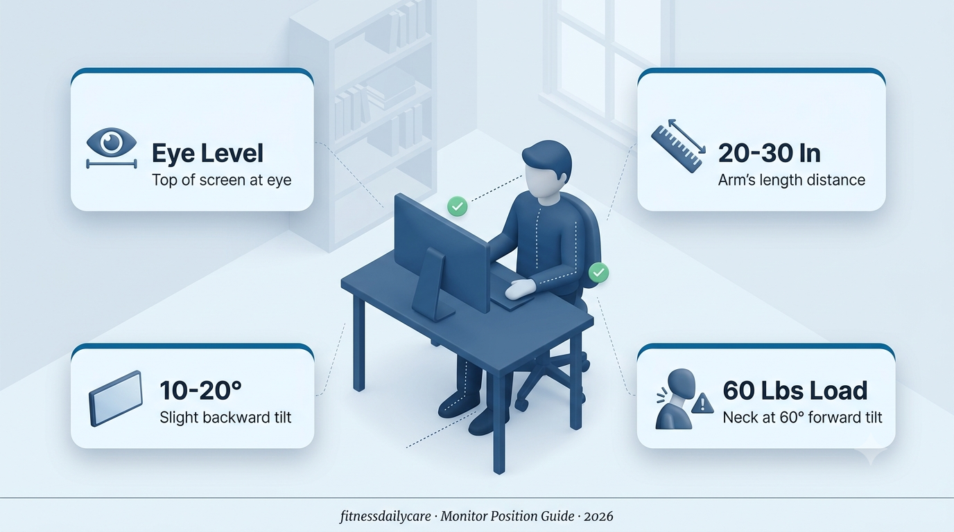 Monitor Position isometric infographic showing desk setup with eye level screen and 90 degree elbow ergonomic guide