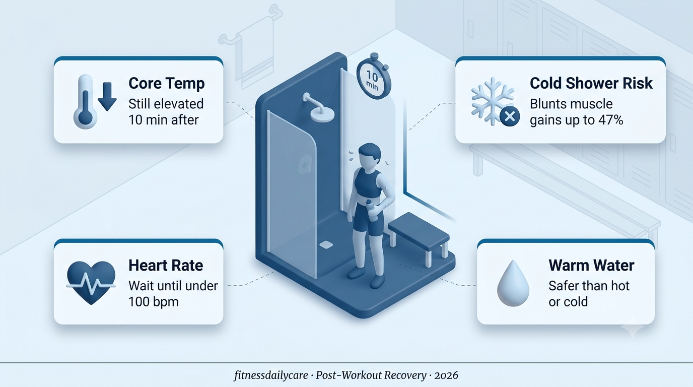 Post-Workout Shower timing isometric infographic showing 10 minute cool down protocol with heart rate and muscle recovery cards