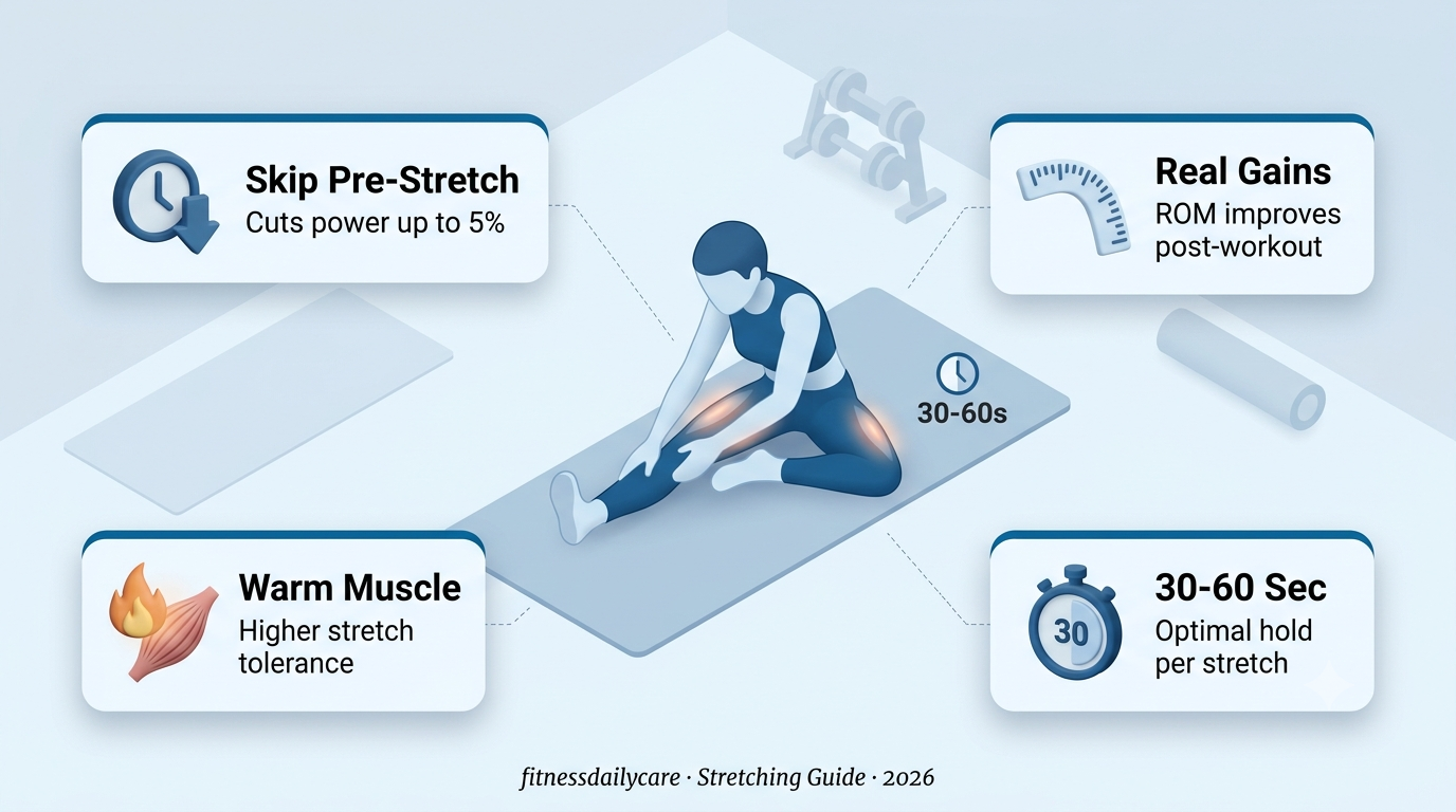 Post-Workout Stretching isometric infographic showing hamstring stretch with warm muscle flexibility and 30-60 second hold benefits