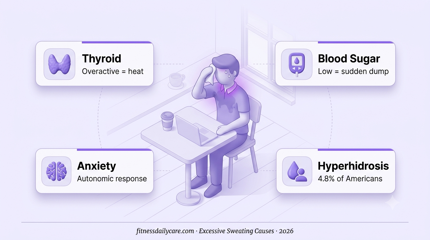Sweating at rest illustration — person at cafe wiping forehead with hyperhidrosis, blood sugar, and thyroid callouts