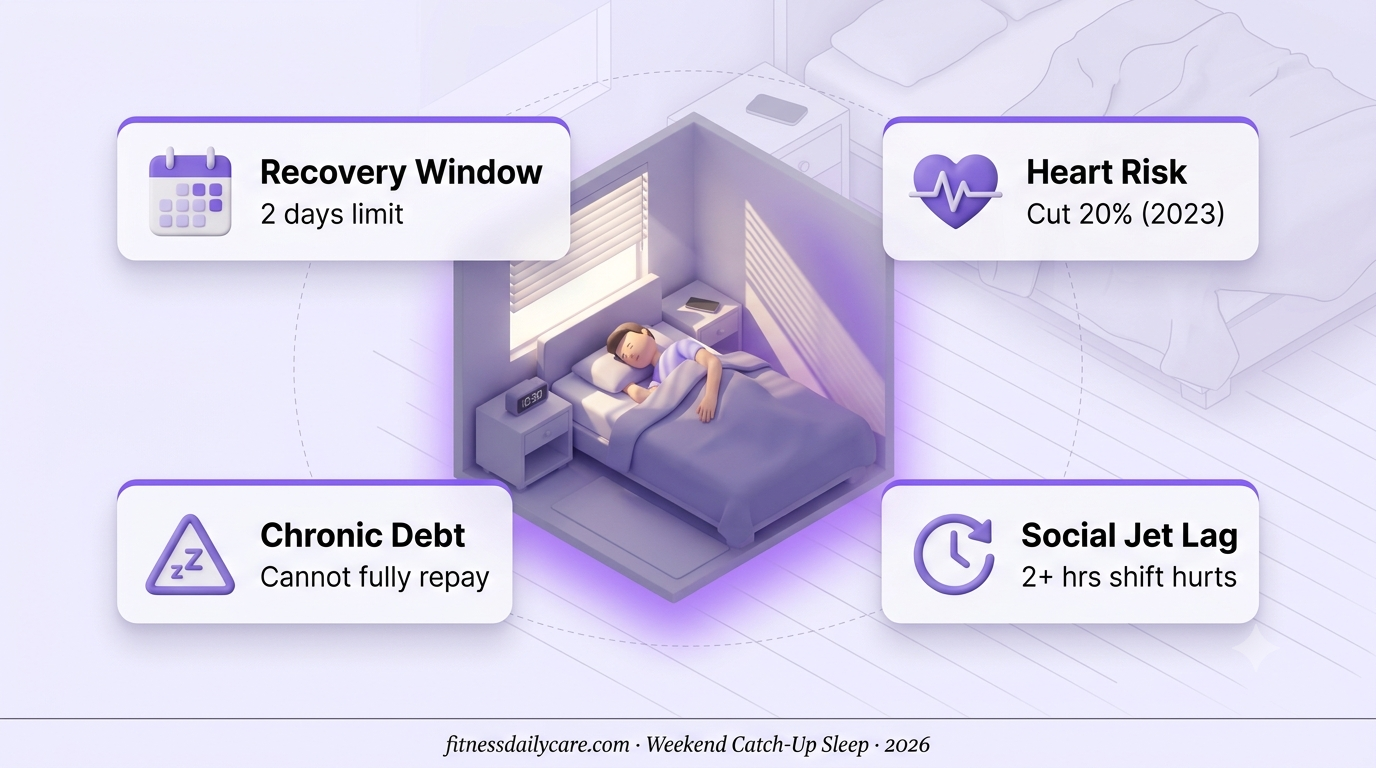 Weekend catch-up sleep illustration — person sleeping in on Saturday morning with recovery window and 90-minute limit concepts