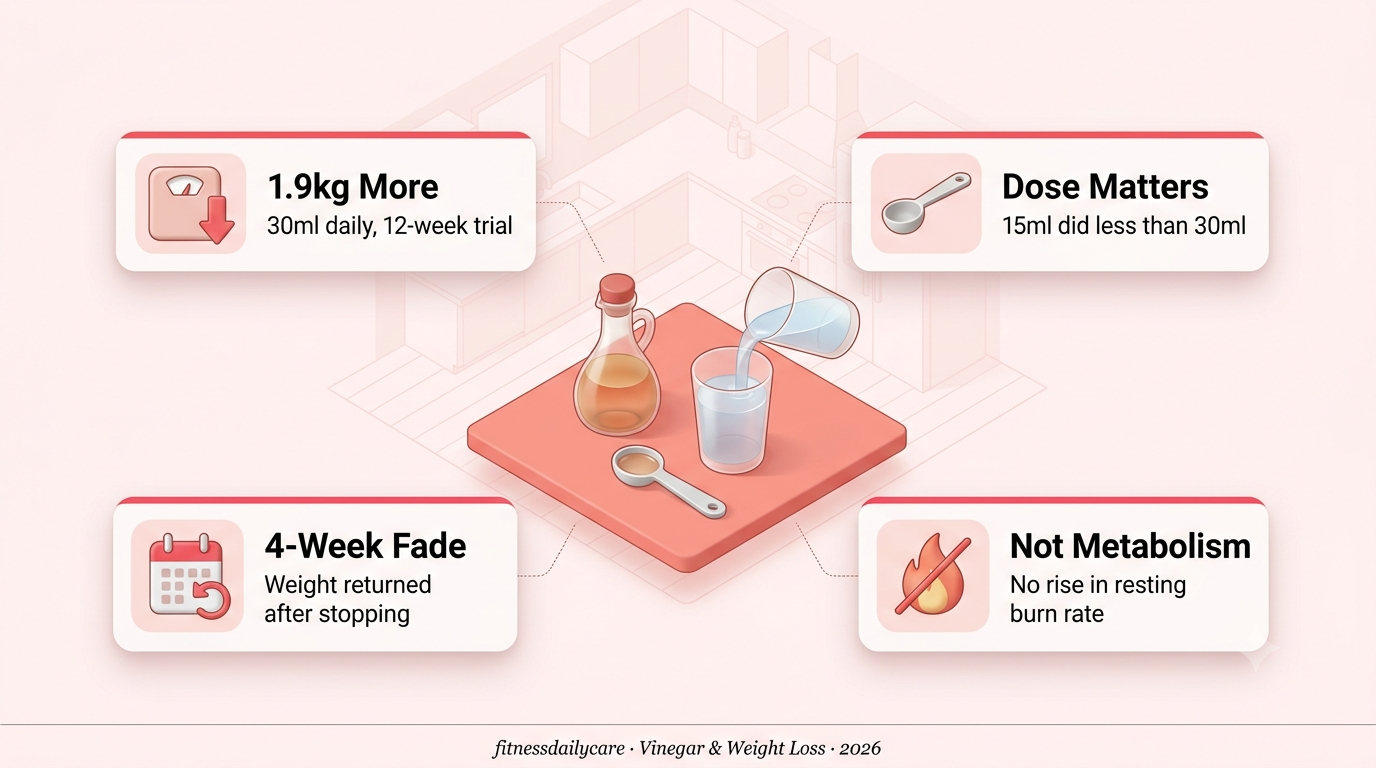 Apple cider vinegar for weight loss illustration — a small glass of diluted vinegar beside a measuring spoon and water