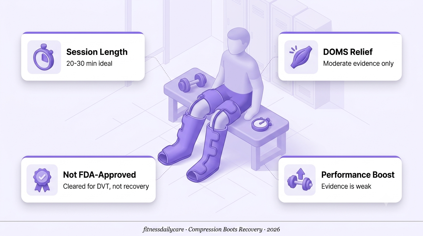 3D isometric illustration of compression boots recovery gear on a person's legs after a workout, with a stopwatch and dumbbell nearby