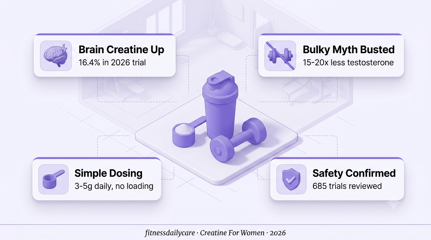 3D isometric illustration for creatine for women, a scoop of creatine powder and a shaker bottle beside a dumbbell