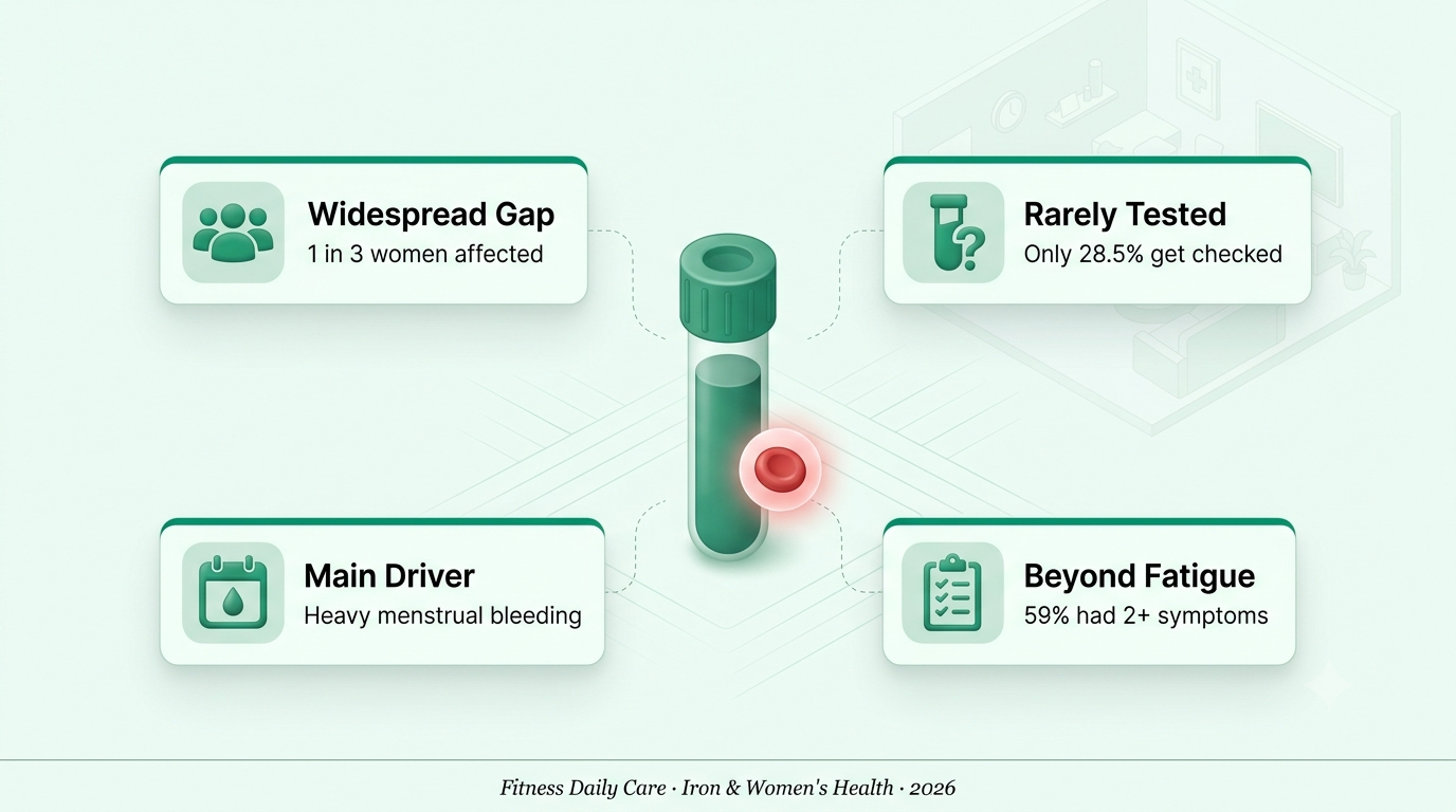 Woman looking tired next to a blood test vial, illustrating iron deficiency in women research