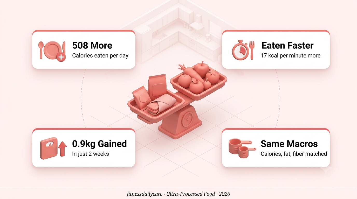 Ultra-processed food and weight loss illustration — two matched meal trays, one packaged and one whole-food, side by side