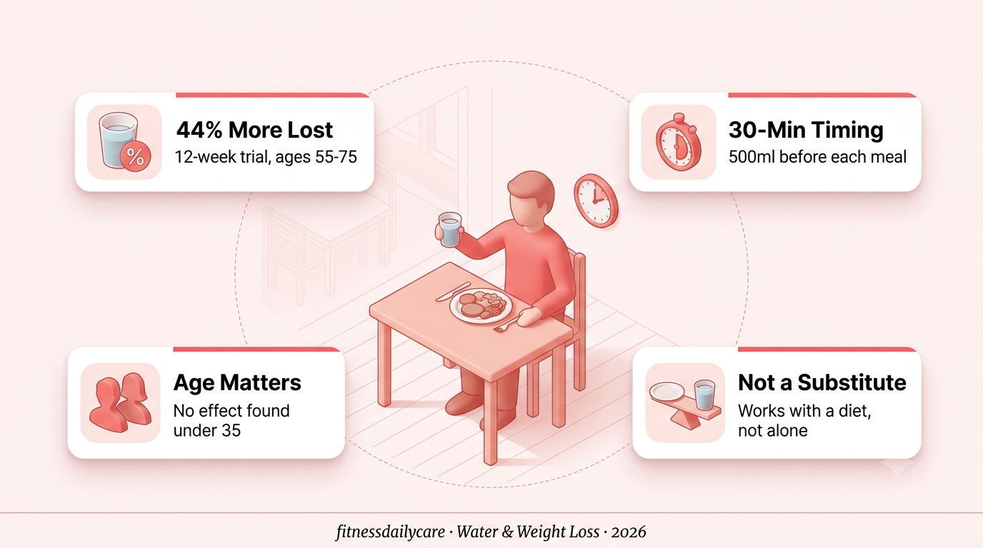 Water before meals and weight loss illustration — a glass of water beside a dinner plate, showing the pre-meal water habit