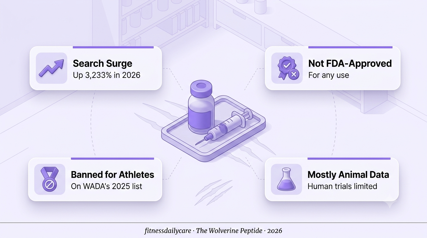 3D isometric illustration of the wolverine peptide trend, a research vial and syringe icon beside a claw-mark graphic