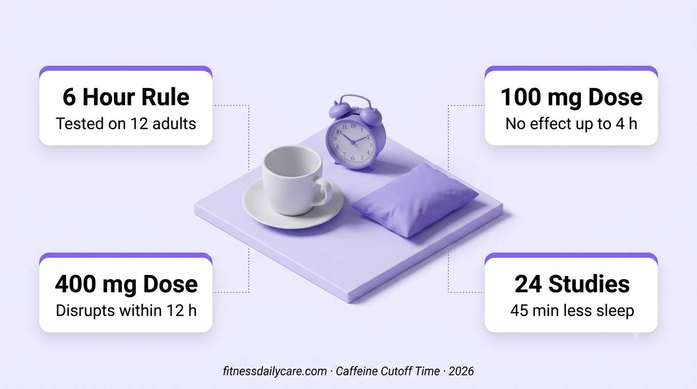 Caffeine cutoff time: isometric 3D scene of a coffee cup, a bedside alarm clock and a folded pillow on a lavender platform with four info cards