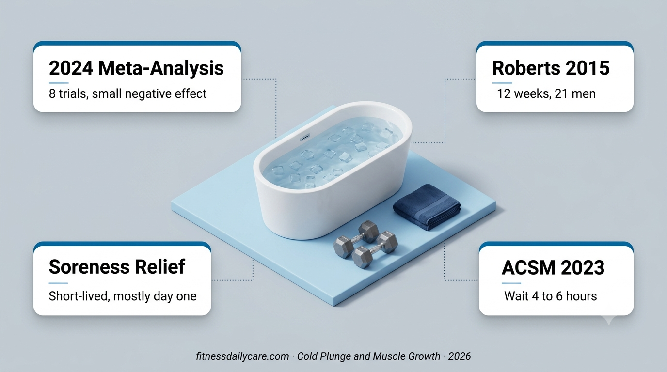 Cold plunge tub filled with ice cubes beside hex dumbbells and a folded towel on a sky blue platform