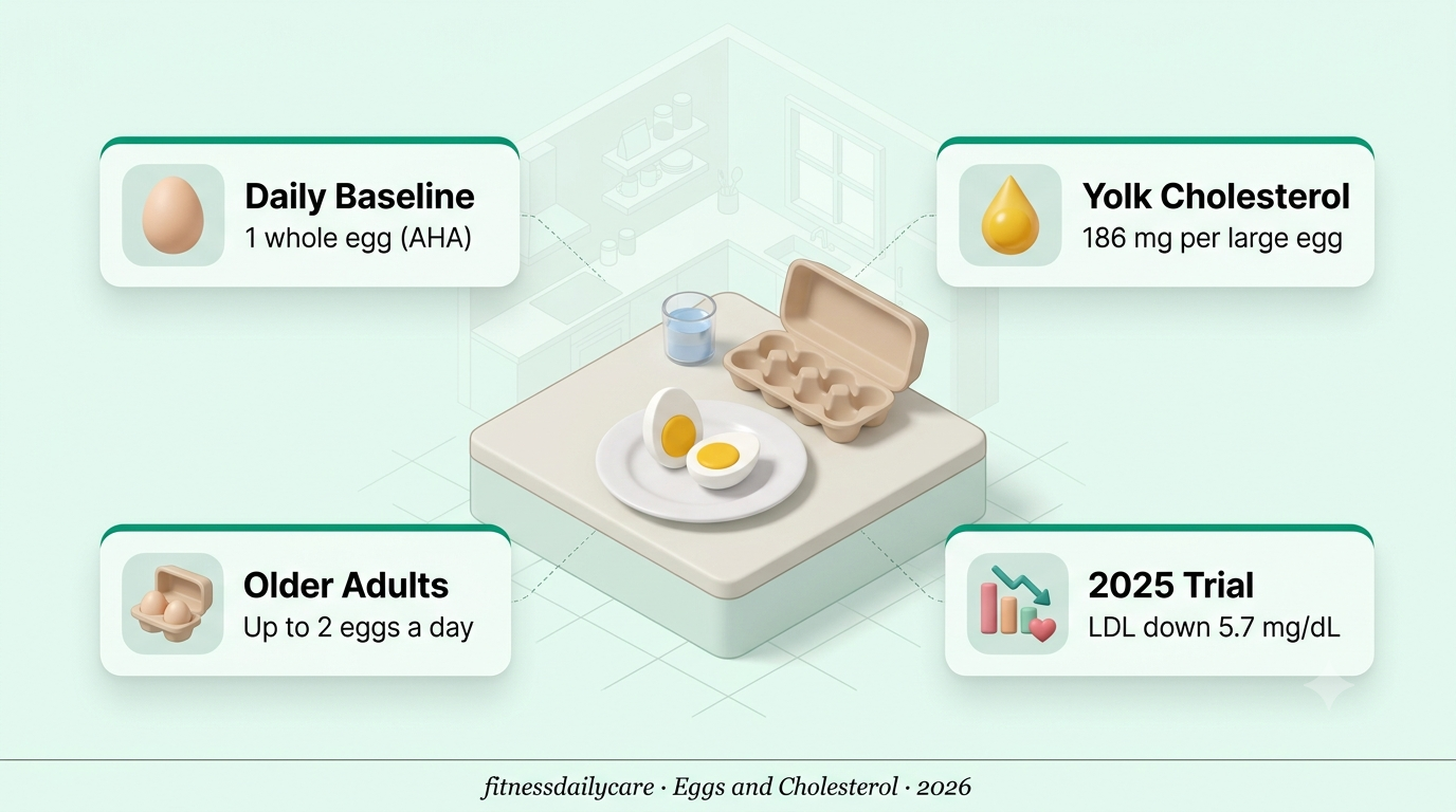 Isometric infographic on eggs and cholesterol showing the AHA one egg a day baseline, 186 mg cholesterol in a large egg, and LDL results from a 2025 clinical trial
