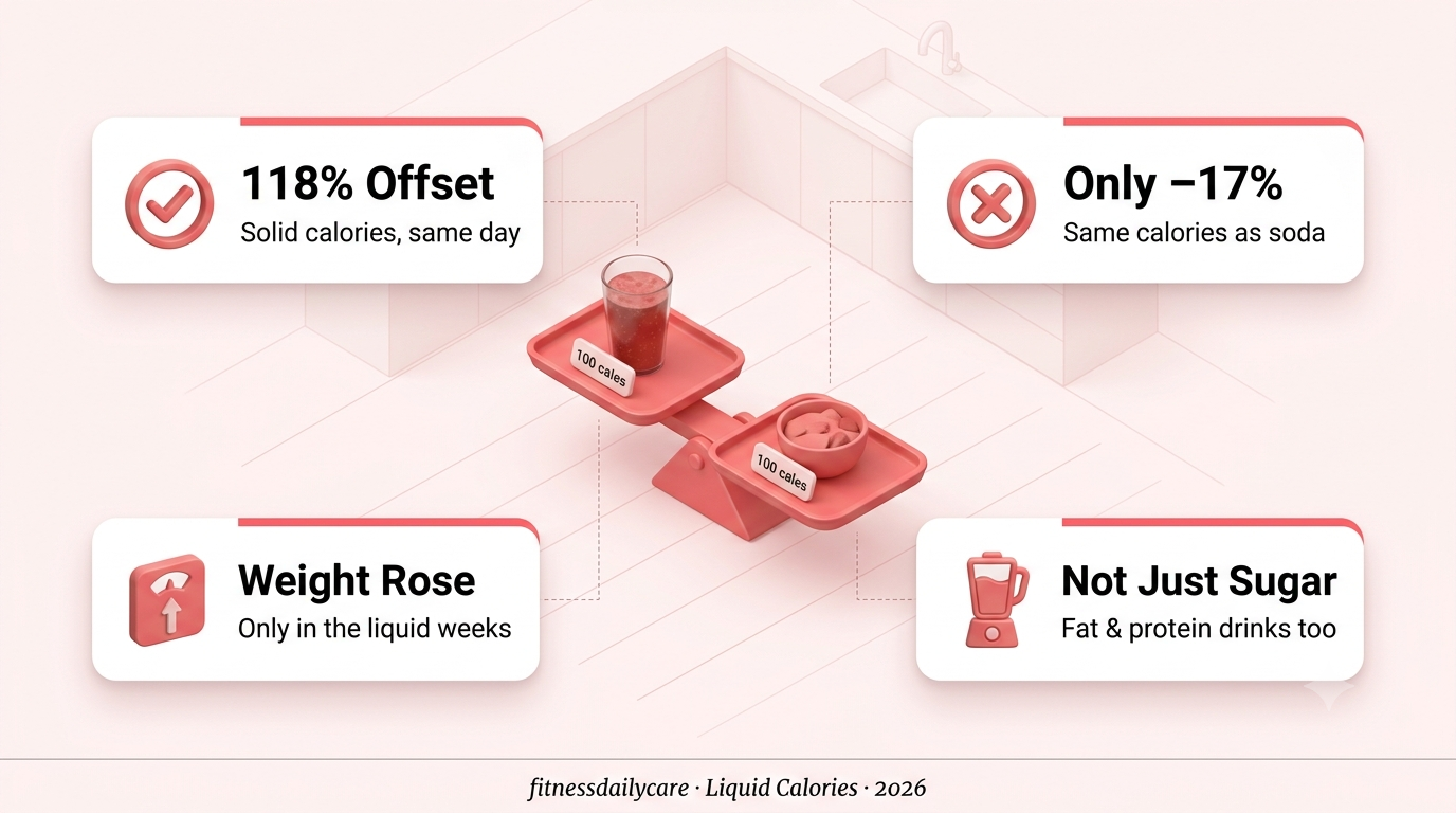 Liquid calories and weight loss illustration — a glass of soda beside a bowl of solid food, both labeled with matching calorie counts